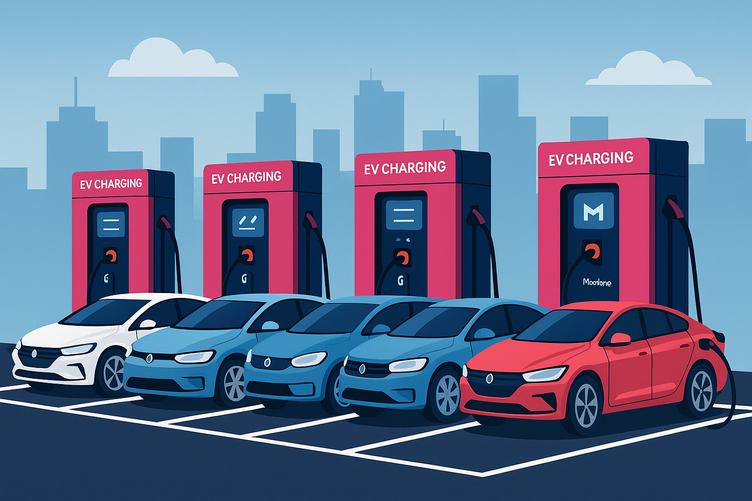 EV charging cluster with multiple Mobilane fast chargers and electric cars in a city.