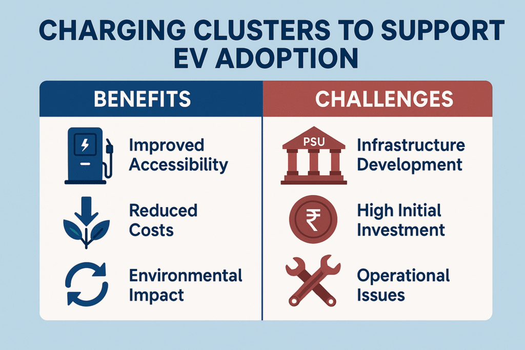 Infographic explaining benefits and challenges of EV charging clusters.